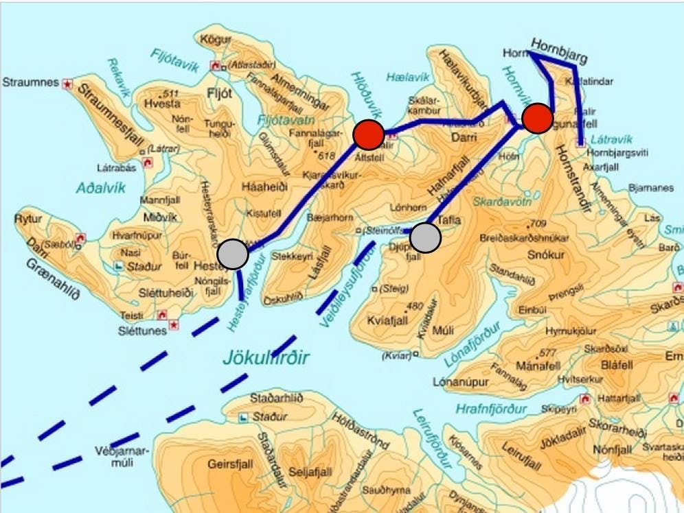 Map of a 4 day trekking route in Hornstrandir Nature Reserve, Iceland