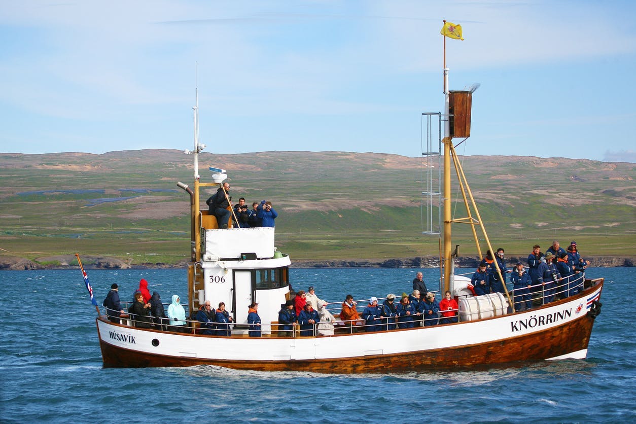 Whale watchers in a boat near Húsavík, Iceland