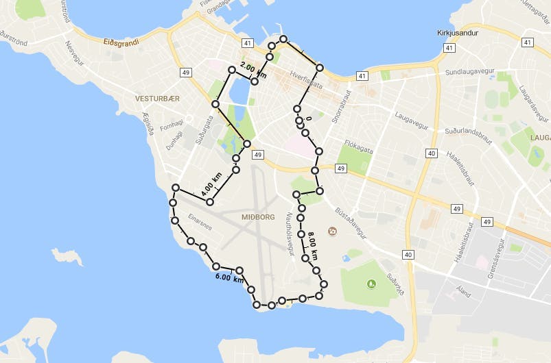 A map showing an idea of a 10k running route in Reykjavik. 