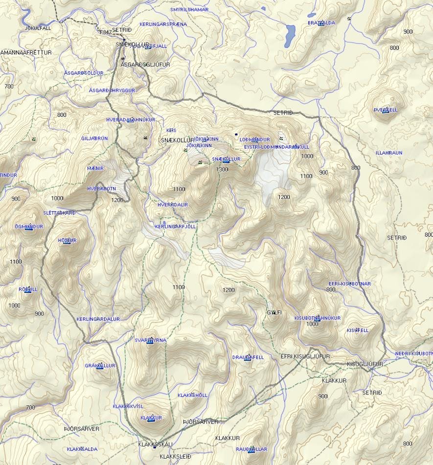 Map of 3 day trekking circular route in Kerlingarfjoll