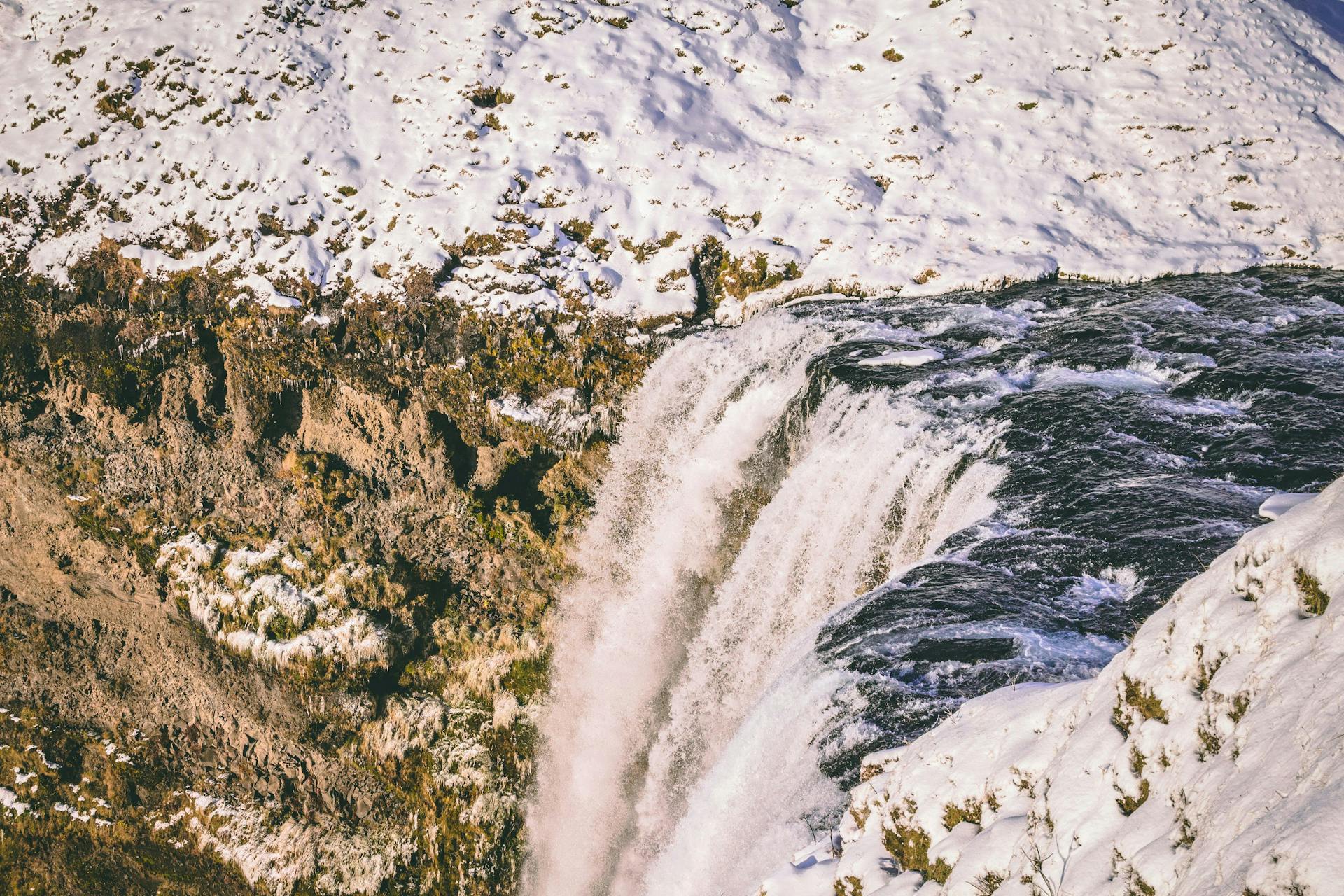 Gullfoss waterfall in snowy surroundings. 