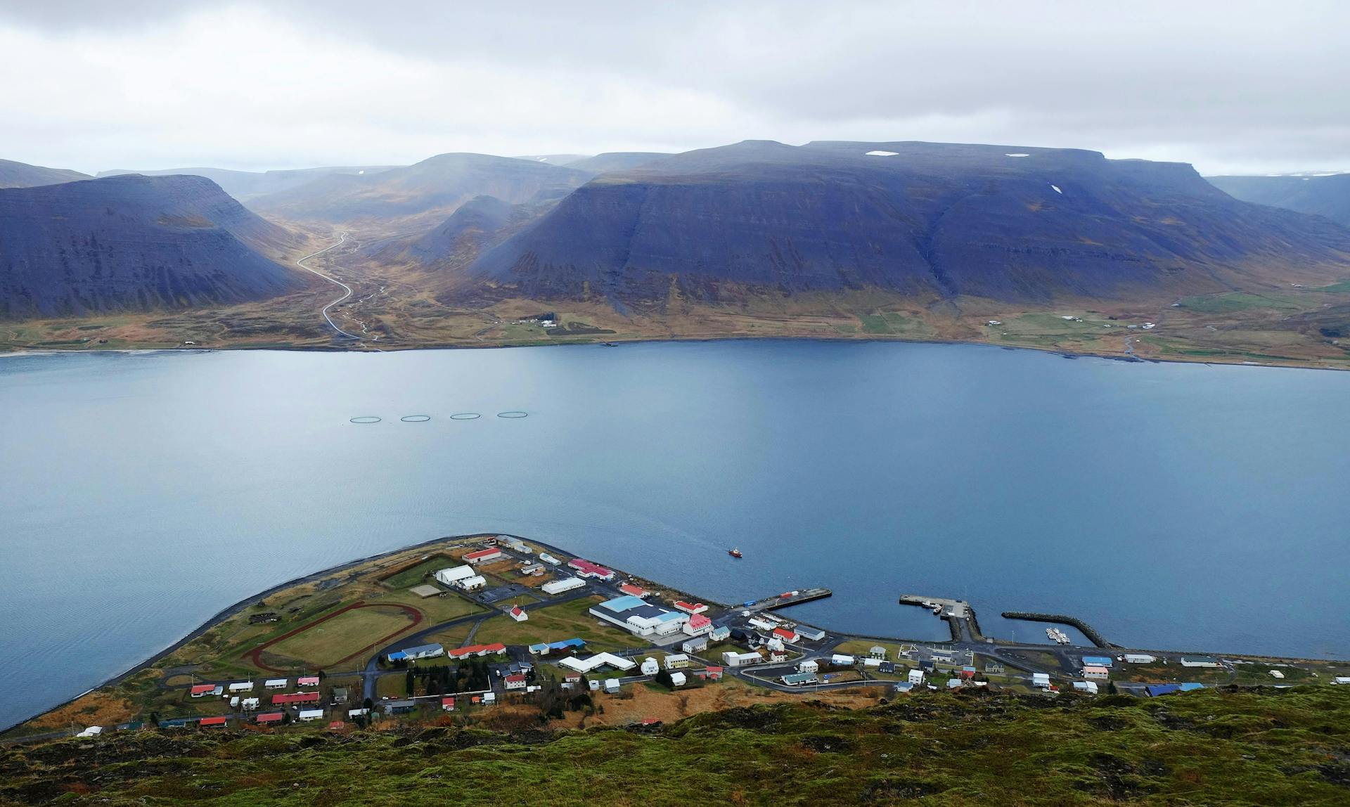 The village of Thingeyri, by Dýrafjörður Fjord in the Westfjords, seen from air. 