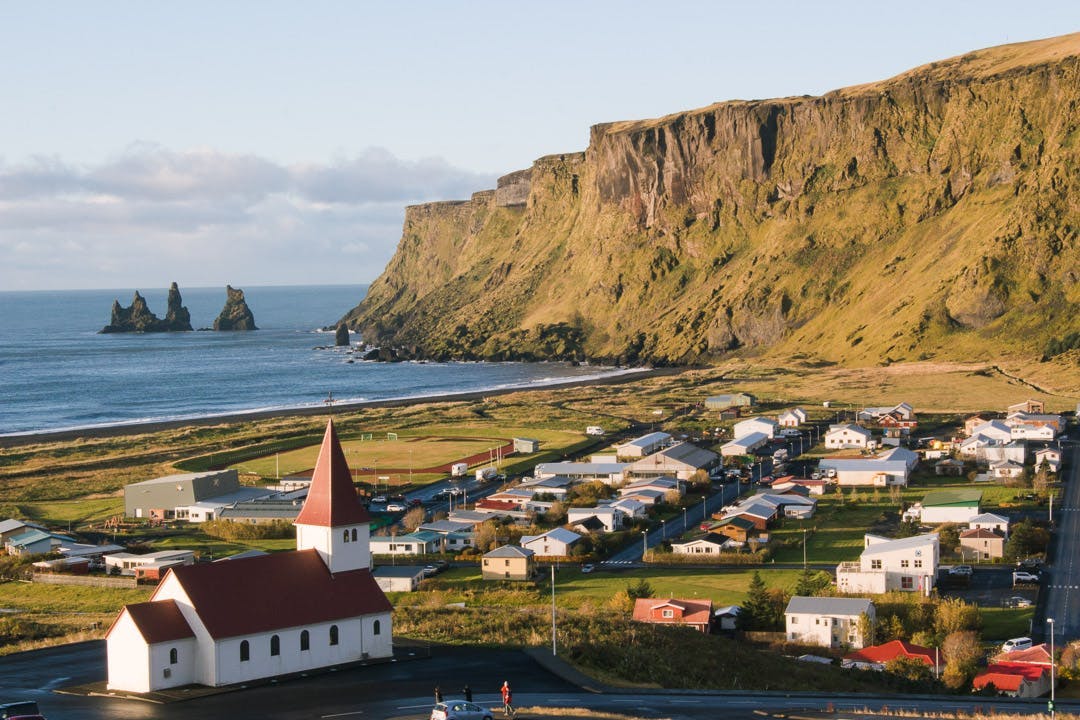 Overlooking Vík, a small town in the south coast of Iceland. 