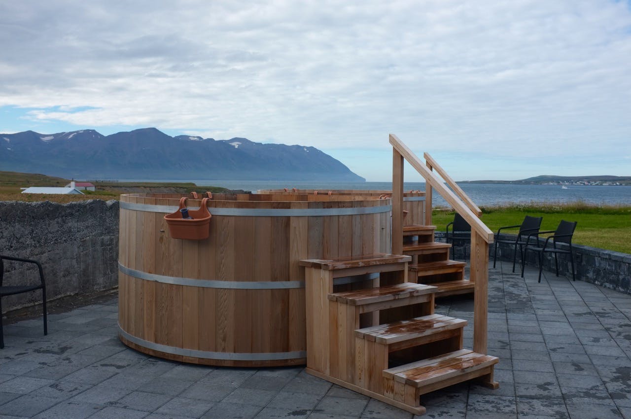 An outdoor barrel hot tub at the beer spa, northern Iceland
