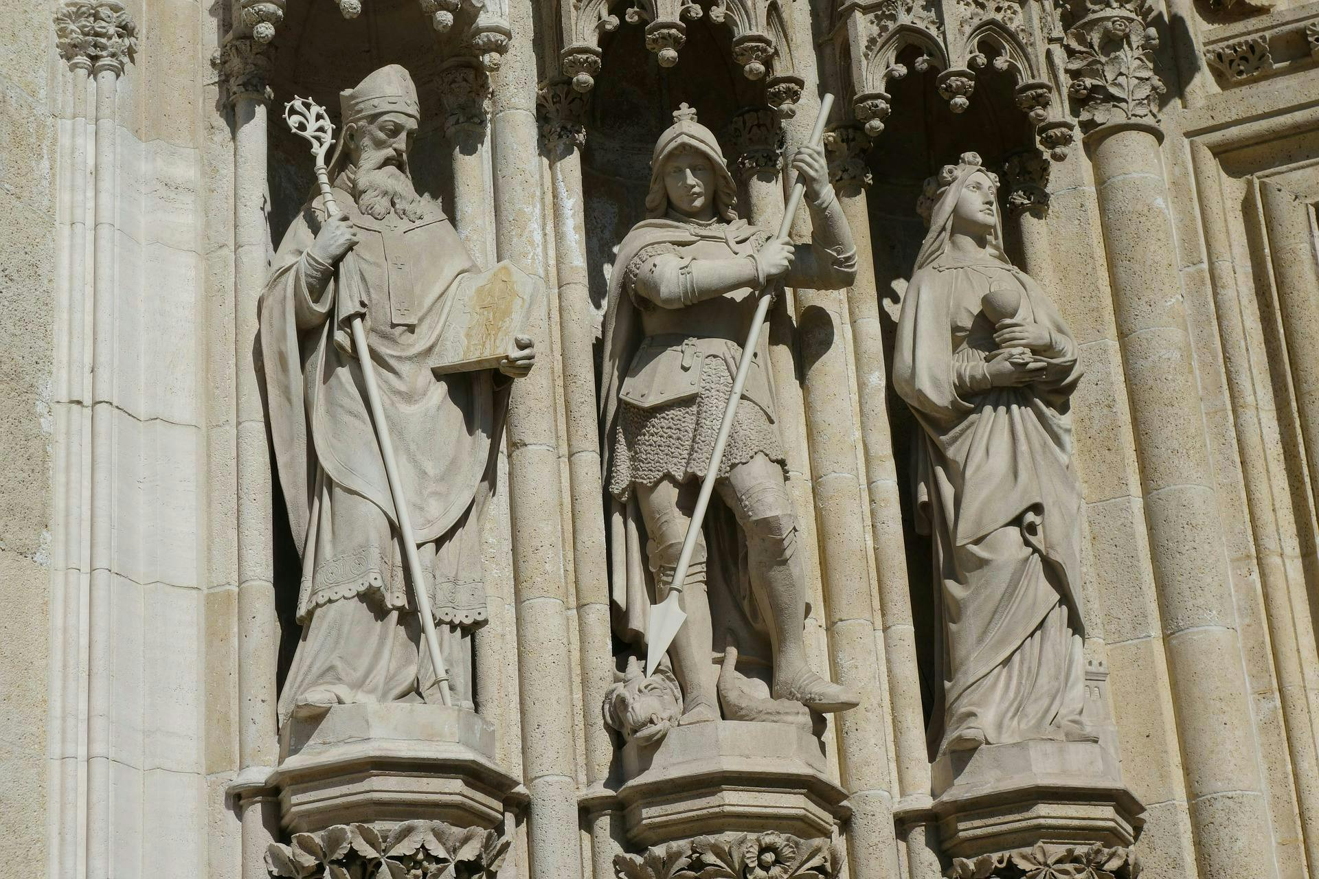Details of the church showing three saints. 