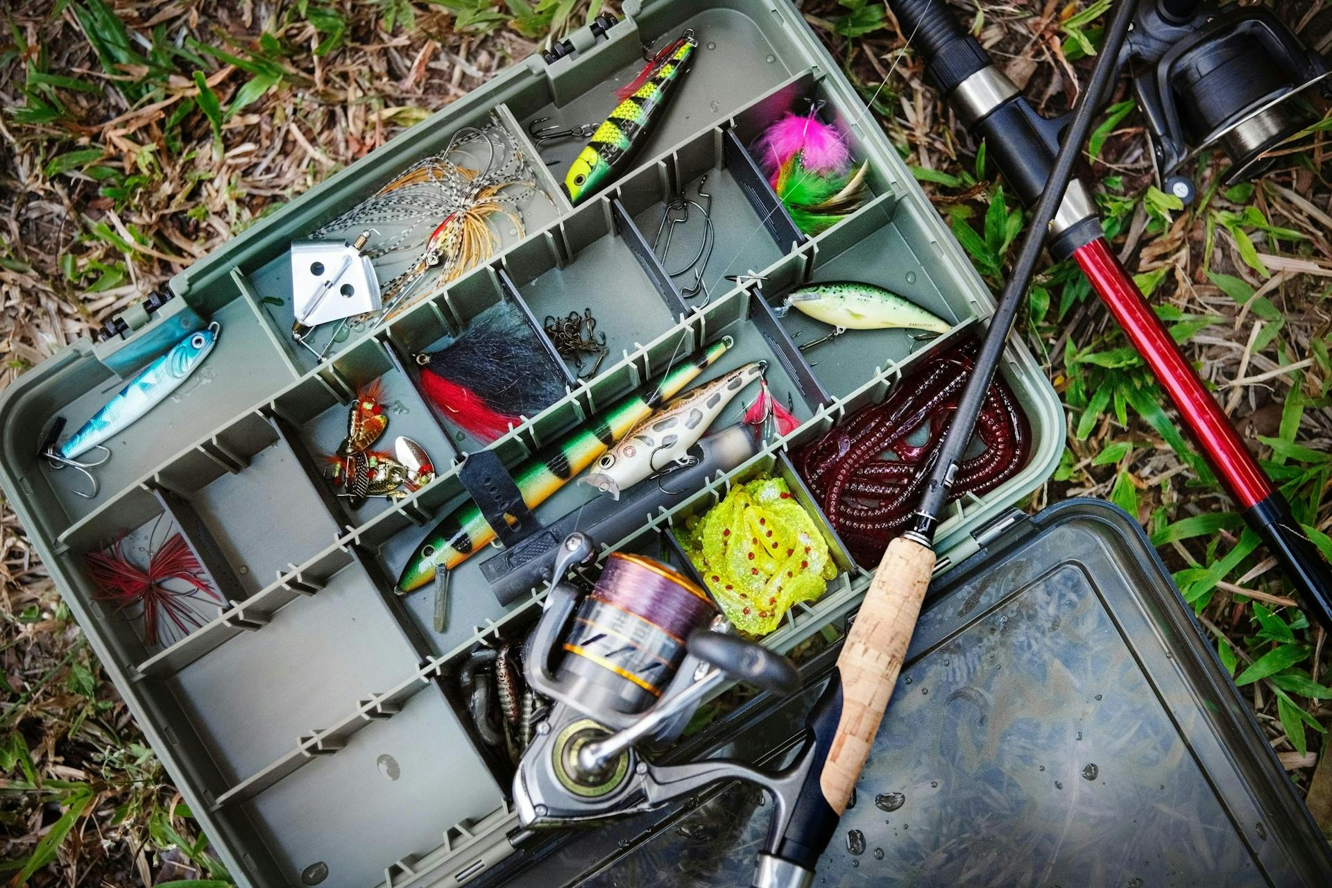 Different baits and a fishing rod. 