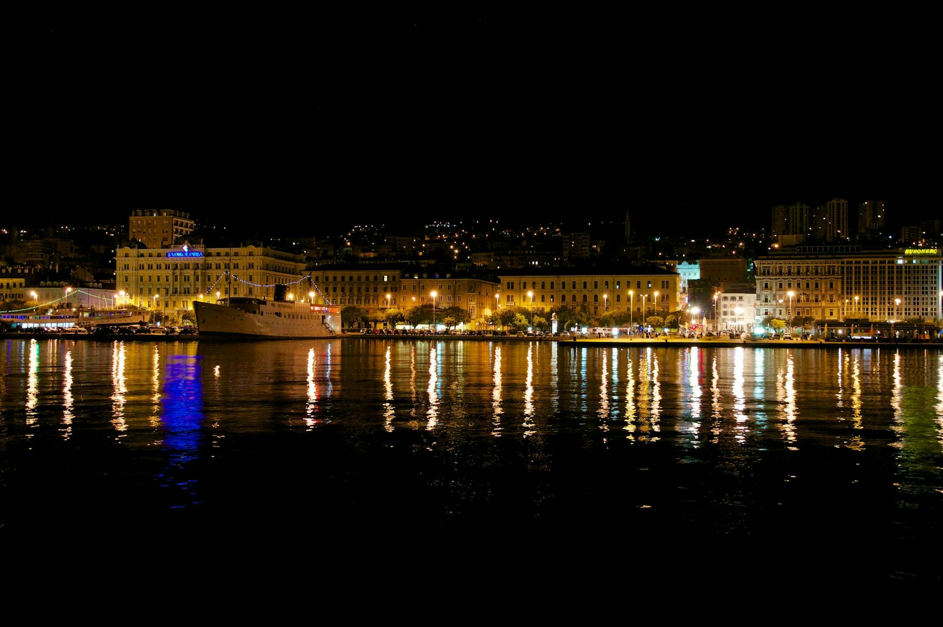 The waterfront in Rijeka at night. 