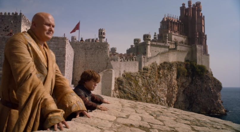 A screenshot from Game of Thrones (Varys and Tyrion in King's Landing)