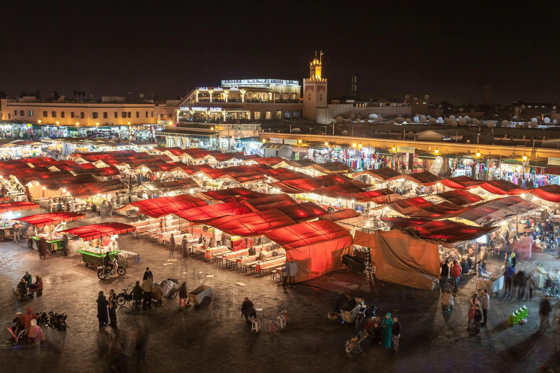 A view of lit up Djemaa El Fna during night time. 