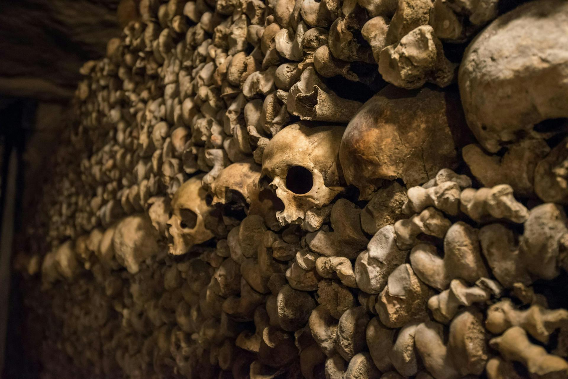Skulls and bones inside the Catacombs of Paris. 