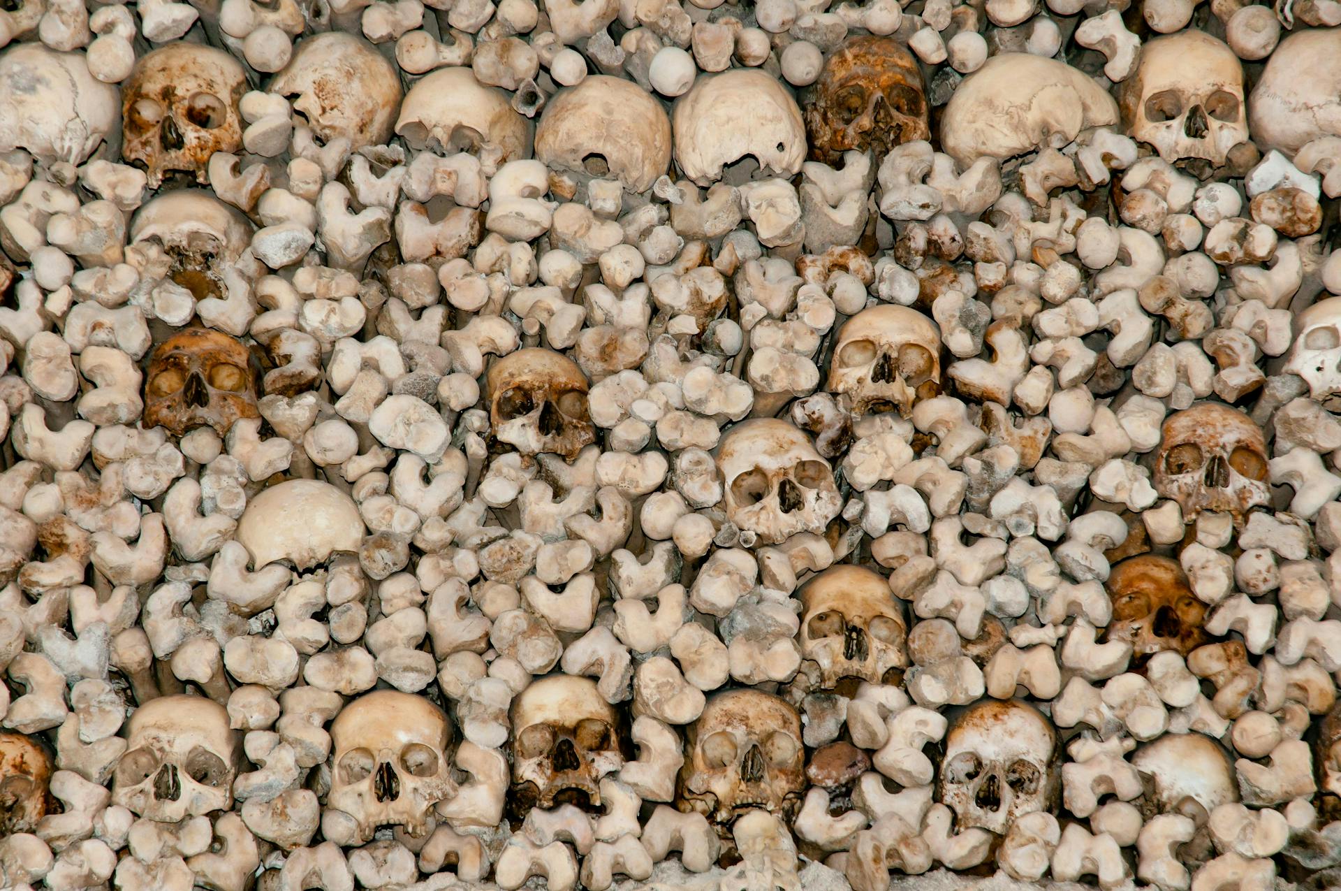 Stack of bones at the Chapel of Bones in Evora, Portugal. 