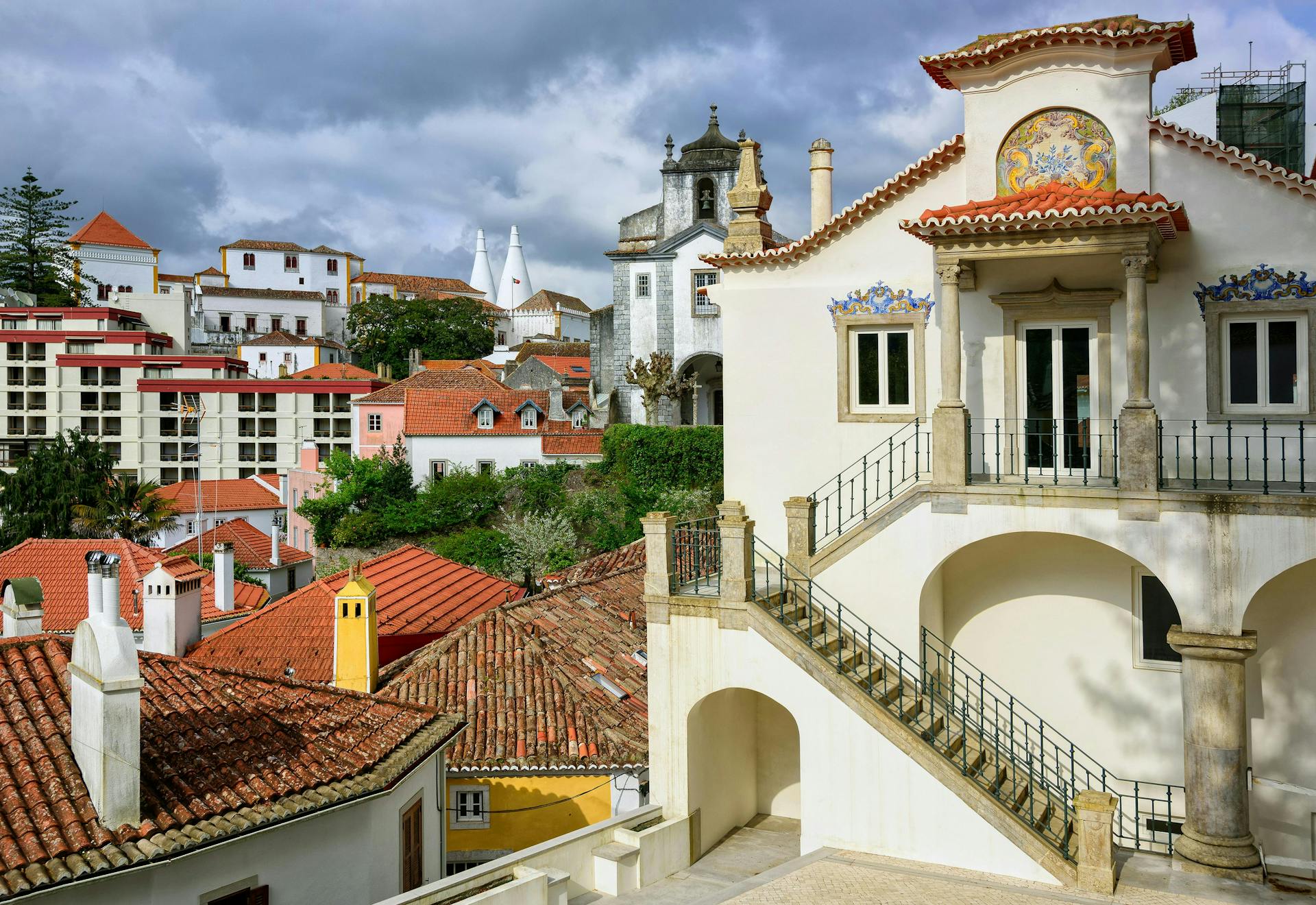 Residential houses in Sintra on a cloudy day. 